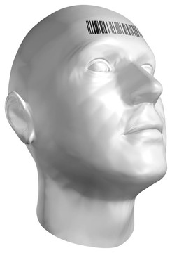 帶有條形碼郵票的人頭部3D渲染