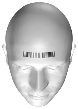 帶有條形碼郵票的人頭部3D渲染