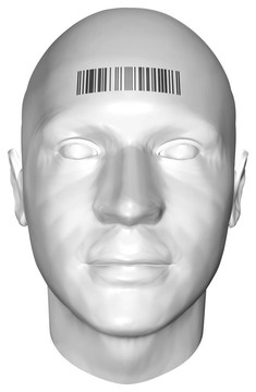 帶有條形碼郵票的人頭部3D渲染