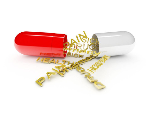 關(guān)于健康的不同單詞的開放丸（3D渲染）