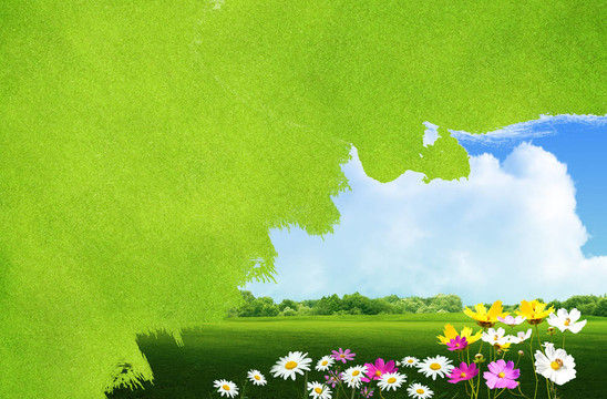 油漆景觀綠草和花卉背景