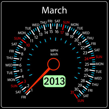 2013年日歷表汽車。三月。