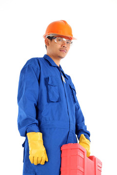 亞洲工人完成個人防護(hù)裝備和工具箱準(zhǔn)備工作的安全工作環(huán)境的概念