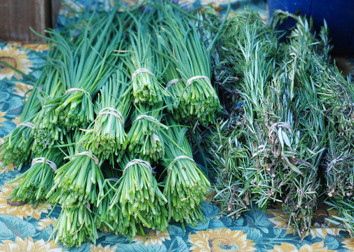 韭菜；在農(nóng)貿(mào)市場羅斯瑪麗