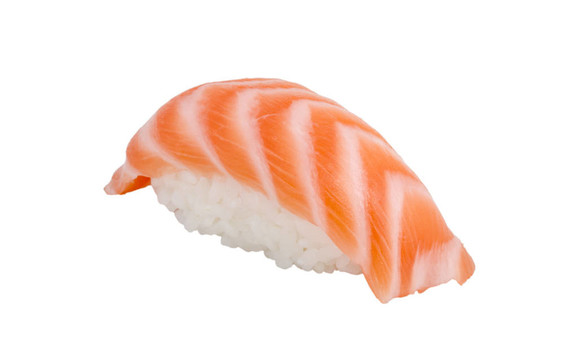 在白色背景的日本壽司三文魚華騎棚拍