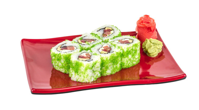 魚子辣真希壽司，熱輥與各種類型的Tobiko（