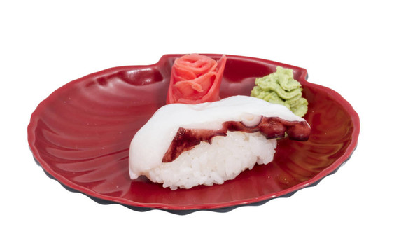 日本壽司與肉章魚在白色背景