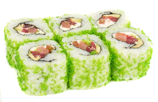 魚(yú)子辣真希壽司，熱輥與各種類(lèi)型的Tobiko（