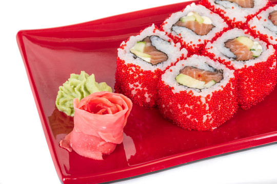 魚子辣真希壽司，熱輥與各種類型的Tobiko（