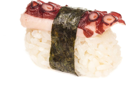 日本壽司與肉章魚在白色背景
