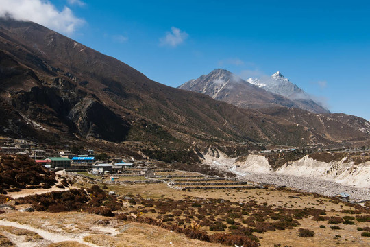 尼泊爾：高地村莊和山峰--在Himalayas