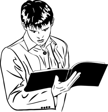 男孩仔細閱讀大型筆記本素描