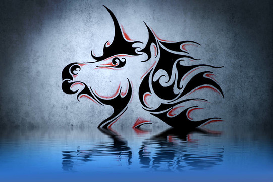 紋身獨(dú)角獸水倒影。插畫設(shè)計(jì)