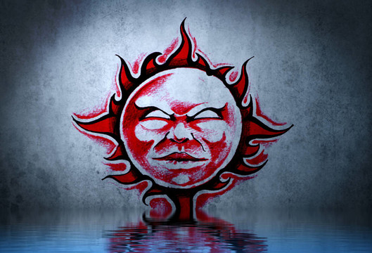 紋身紅太陽(yáng)與水反射。插畫(huà)設(shè)計(jì)