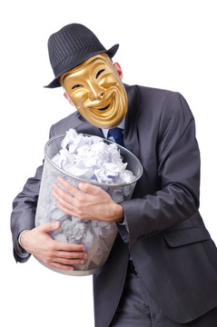 間諜概念與蒙面男子在白色