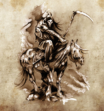 纹身艺术素描；中世纪武士与马