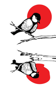 分支輪廓太陽背景的鳥；插圖