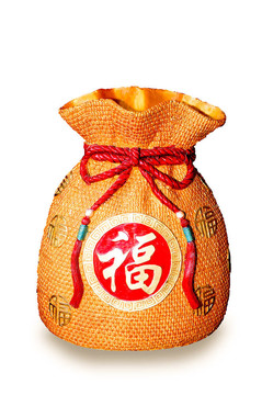 錢袋子的中國(guó)風(fēng)格的雕塑，孤立在白色背景