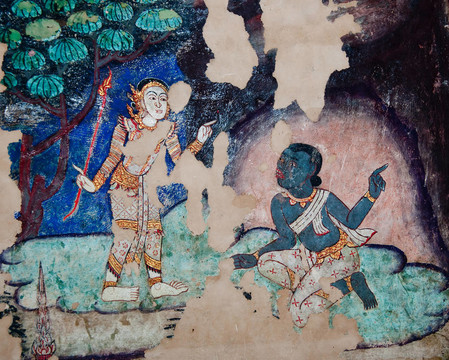 在Wat Phra唱佛寺壁畫的古代繪畫；