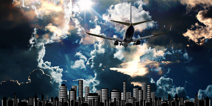 客機在城市景觀圖