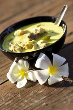 Tom Kha Gai -泰國傳統(tǒng)雞湯和椰奶。極淺景深。