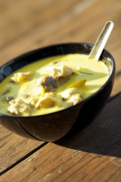 Tom Kha Gai -泰國傳統(tǒng)雞湯和椰奶。極淺景深。垂直拍攝。
