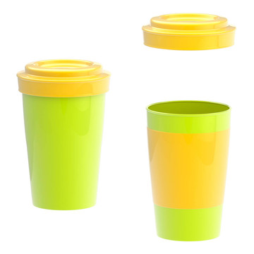 彩色綠色和黃色空白咖啡杯