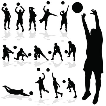 排球運動員各種姿勢的黑色剪影