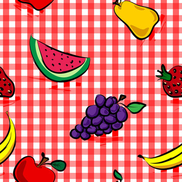 无缝的蹩脚的水果在红色的格子图案