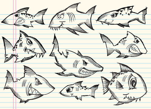 素描涂鴉鯊魚向量集