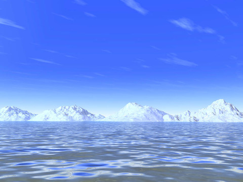 雪白的寒冷的山上的海洋波浪和天空背景