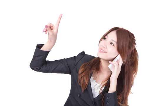 商務(wù)女性講手機(jī)和手指指點(diǎn)