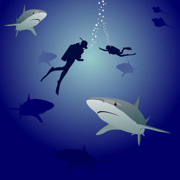 鯊魚和水肺潛水員