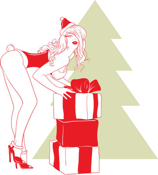 性感女孩抱著Santa