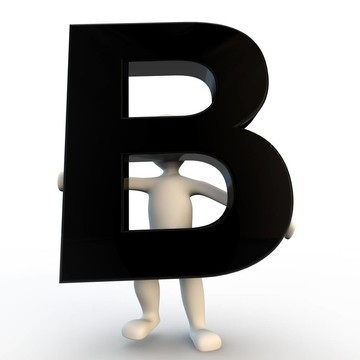 3D人物手持黑色字母B；小人物