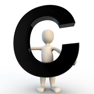 3D人物手持黑色字母C；小人物