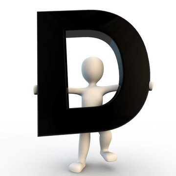3D人物持有黑色字母D；小人物