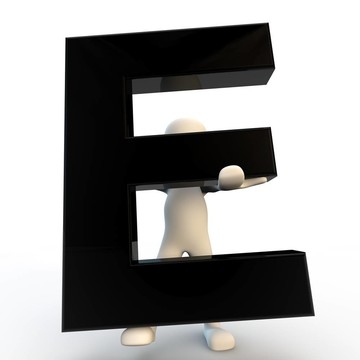 3D人物手持黑色字母E；小人物