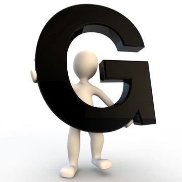3D人物手持黑色字母G；小人物