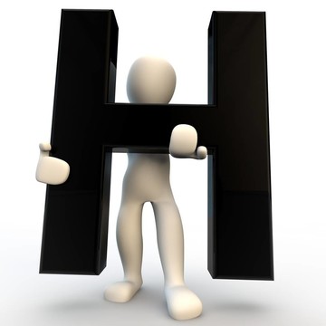3D人物手持黑色字母H；小人物
