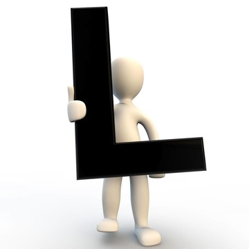 3D人物手持黑色字母L；小人物