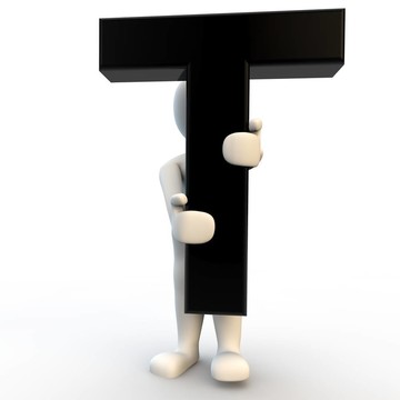 3D人物手持黑色字母T；小人物