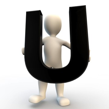 3D人物持有黑色字母U；小人物