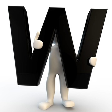 3D人物手持黑色字母W；小人物