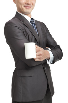 微笑商人持咖啡杯