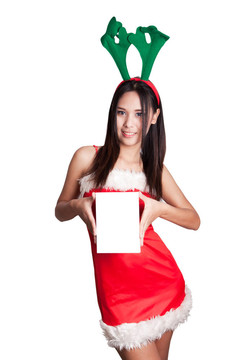 穿著克勞斯衣服的亞洲婦女；白色的肖像