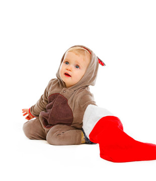 好奇可愛的寶貝看看Santa襪子里面是什么