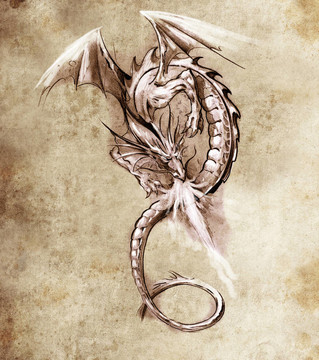 夢(mèng)幻龍。紋身藝術(shù)素描；中世紀(jì)怪物