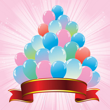 五顏六色的氣球金字塔和紅絲帶