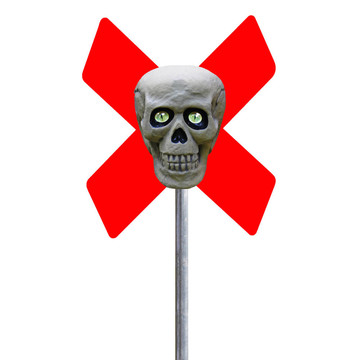 眼睛在紅色十字骷髏越過一個極點代表危險和死亡的人都愿意通過孤立在白色的跡象。